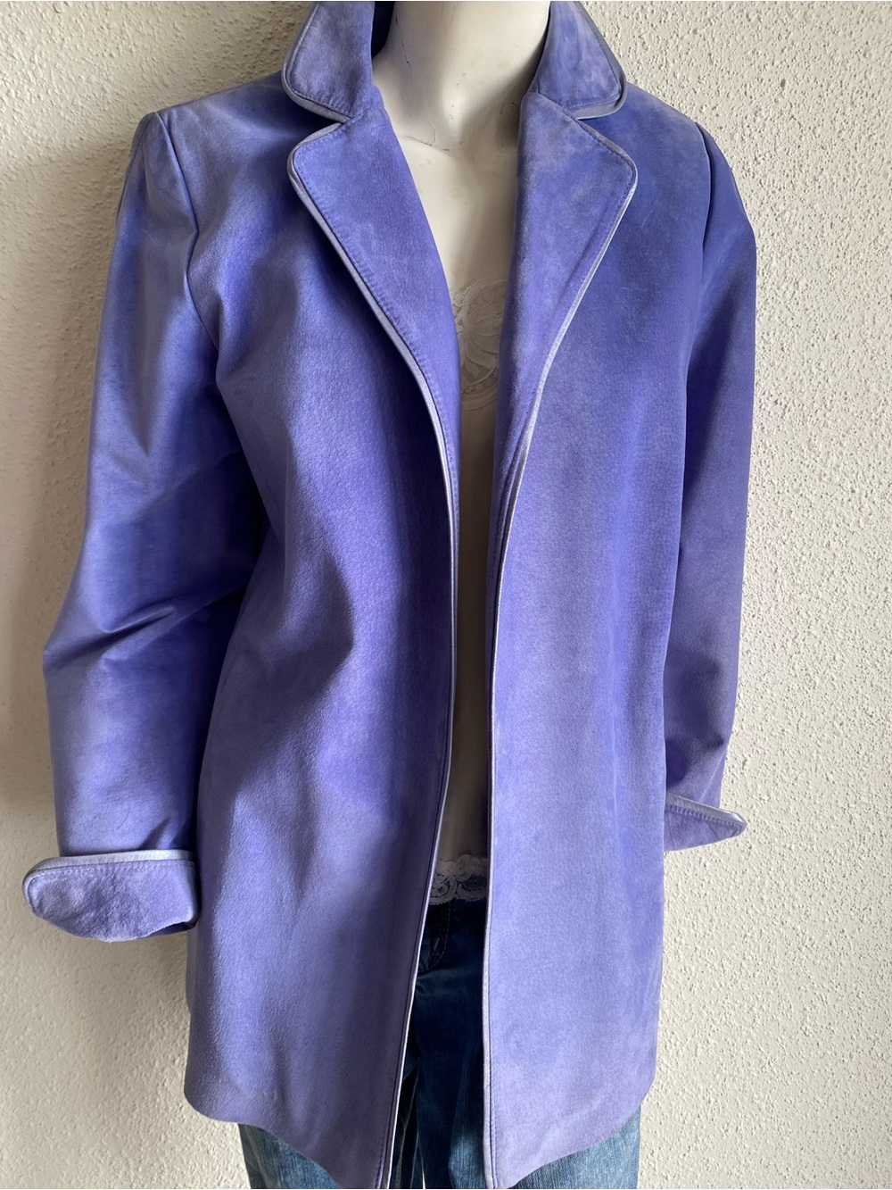 Danier Lavender Suede Leather Jacket Made in Canada Open Front Blazer S/P